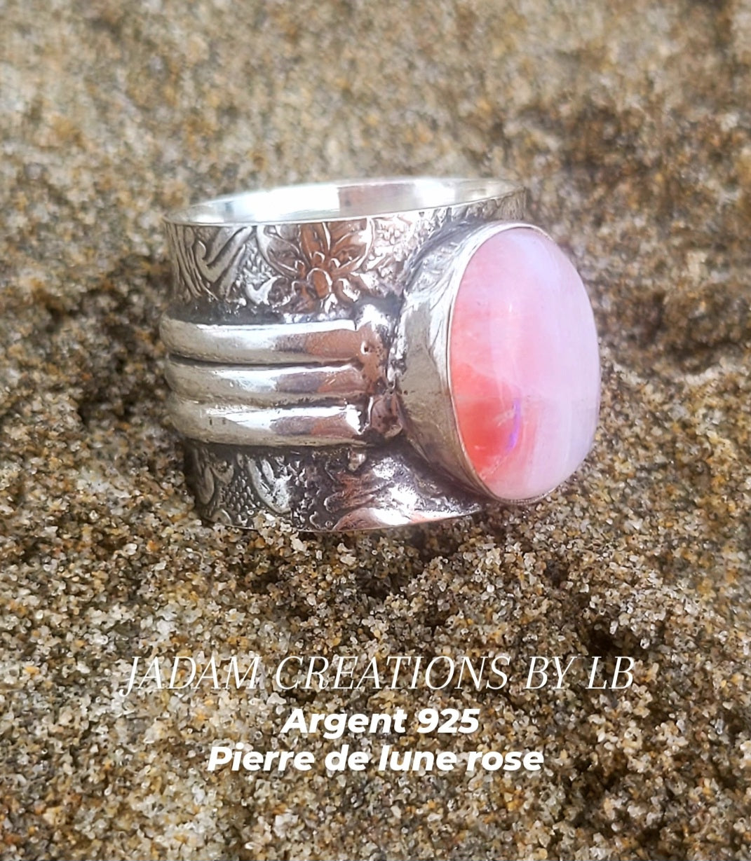 Bague argent 925 pierre de lune rose
