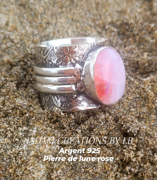 Bague argent 925 pierre de lune rose