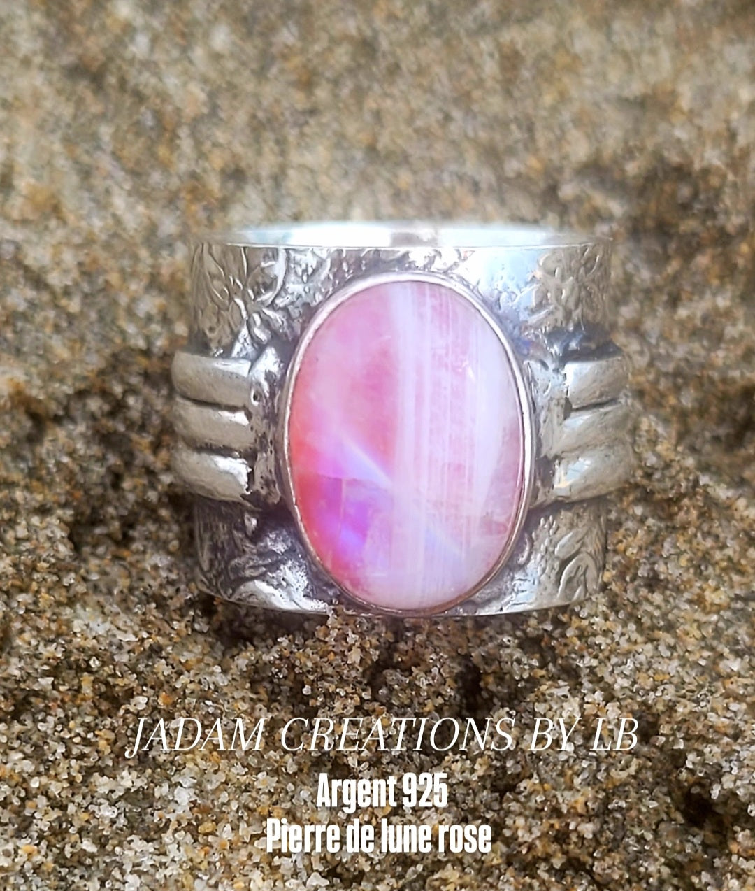 Bague argent 925 pierre de lune rose